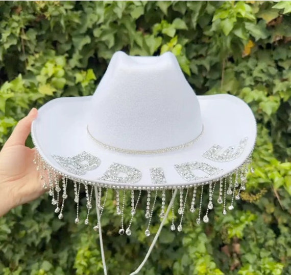 White Bride Cowgirl Hat With Double Rhinestone Band and 