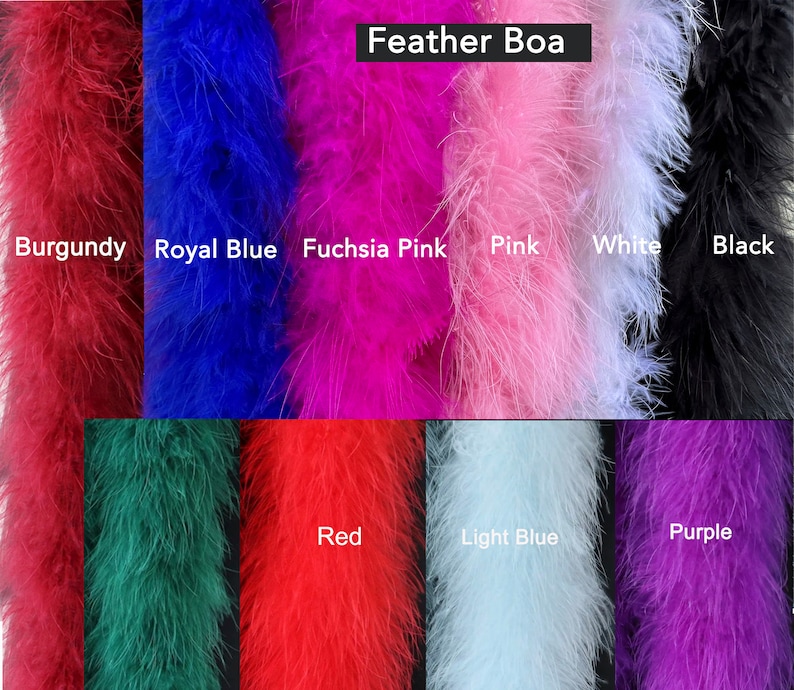 Peut inclure: Assortiment de boas en plumes de diff&eacute;rentes couleurs, notamment bordeaux, bleu royal, rose fuchsia, rose, blanc, noir, vert, rouge, bleu clair et violet. Boa en plumes.
