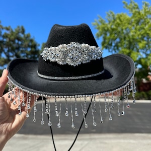 Black Cowboy Hat with Rhinestone Fringe,Black Cowboy hat, White Cowgirl Hat,Wedding, Bride Cowgirl Hat,Bachelorette Party,Nashville, Concert