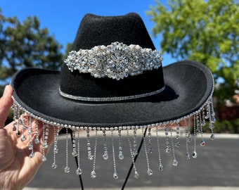 Black Cowboy Hat With Rhinestone Fringe,black Cowboy Hat  display picture 3