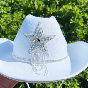 SuperStar Cowgirl Hat with Rhinestone Hat Band,White Star Cowboy hat, Bride Cowgirl Hat,Bachelorette Party,Nashville,DIY Cowboy Hat