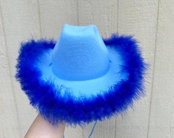 Light Blue Cowboy Hat with Royal Blue Feather BOA, Cowgirl hat, concert Hat, Country Western Bachelorette, Felt Wide Brim Hat, Bride Hat