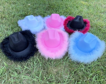 Cowboy Hat with Feather BOA, Pink cowgirl hat,Country Western Bachelorette Gifts, Felt Wide Brim Hat, Bride Hat, Wedding, Rodeo Party