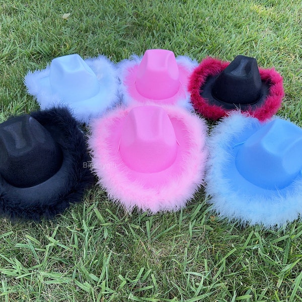 Cowboy Hat with Feather BOA, Pink cowgirl hat,Country Western Bachelorette Gifts, Felt Wide Brim Hat, Bride Hat, Wedding, Rodeo Party