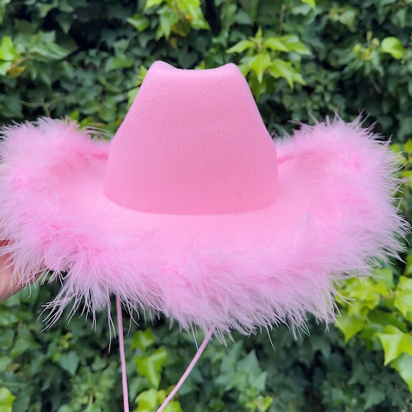 Pink Cowboy Hat with Feather, Pink cowgirl hat,Country Western Bachelorette Gifts, Felt Wide Brim Hat, Bride Hat, Wedding, Rodeo Party