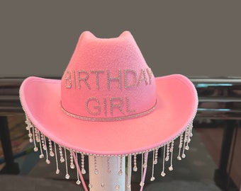 Pink Birthday Girl Cowboy Hat Cowgirl Hat With Rhinestone Fringe