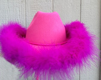 May include: A pink cowboy hat with a bright purple feather trim.