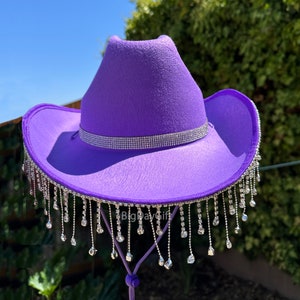 Purple Cowboy Hat with Rhinestone Fringe and Rhinestone Hat band, Bridal shower hat, Purple Cowgirl Hat with Diamond Tassel western wedding