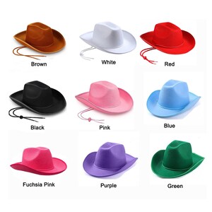 May include: Ten cowboy hats in different colors: brown, white, red, black, pink, blue, fuchsia pink, purple, and green. The hats are all made of felt and have a wide brim.