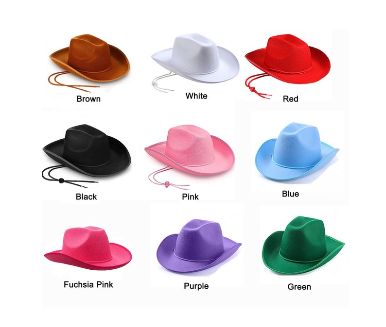 May include: Ten cowboy hats in different colors: brown, white, red, black, pink, blue, fuchsia pink, purple, and green. The hats are all made of felt and have a wide brim.