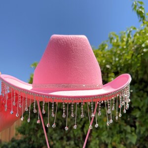Pink Cowboy Hat with Rhinestone Fringe and Rhinestone Hat band, Bridal shower hat, Pink Cowgirl Hat with Diamond Tassel western wedding