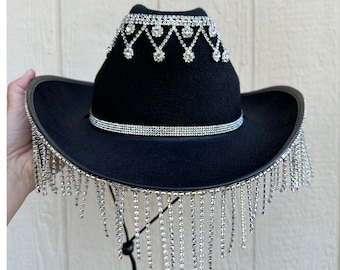 Black Rhinestone Fringe Cowboy Hat, Bridal Cowgirl Hat