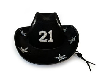 Custom Black 21 Birthday Cowboy Hat,Rhinestone Star Cowboy Hat ,Cowgirl Hat, Rodeo Hat, Festival Hat, Bachelorette Party, Number Star hat