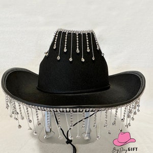 Black Cowboy Hat, Bridal shower hat, cowboy wedding, Disco cowboy hat with Diamond Fringe Cowboy Hat, western cowgirl Hat, Nashville