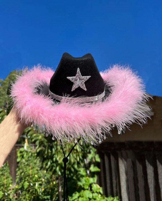 Star Cowboy Hat With Pink Feather Boa, Rhinestone Hat Band  display picture 1
