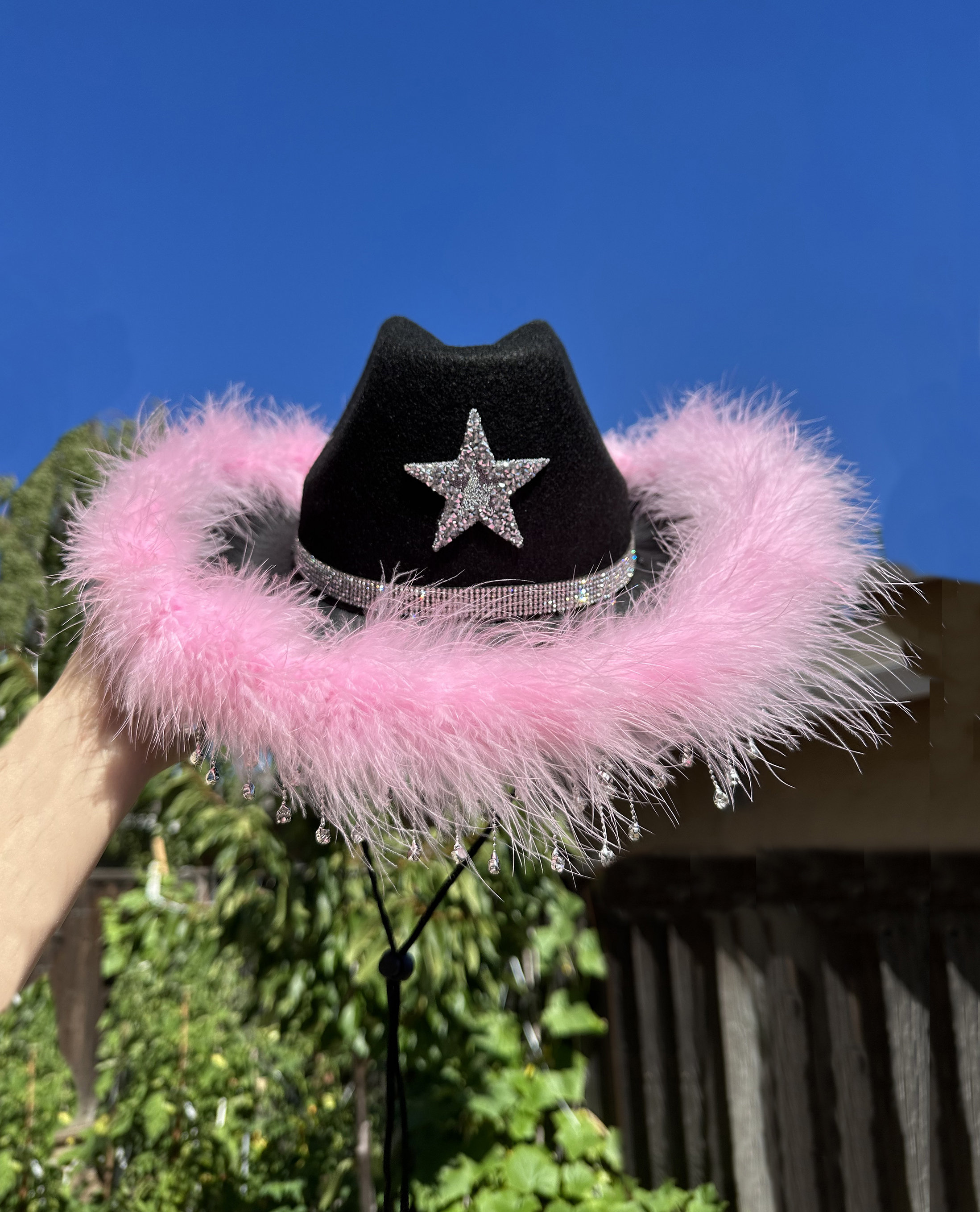 Star Cowboy Hat With Pink Feather Boa, Rhinestone Hat Band  display picture 1