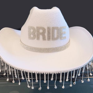Bride Cowboy Hat with Double Rhinestone band and Rhinestone Fringe - Nashville Bachelorette Cowgirl Hat,Last Ride ,Country Western Wedding