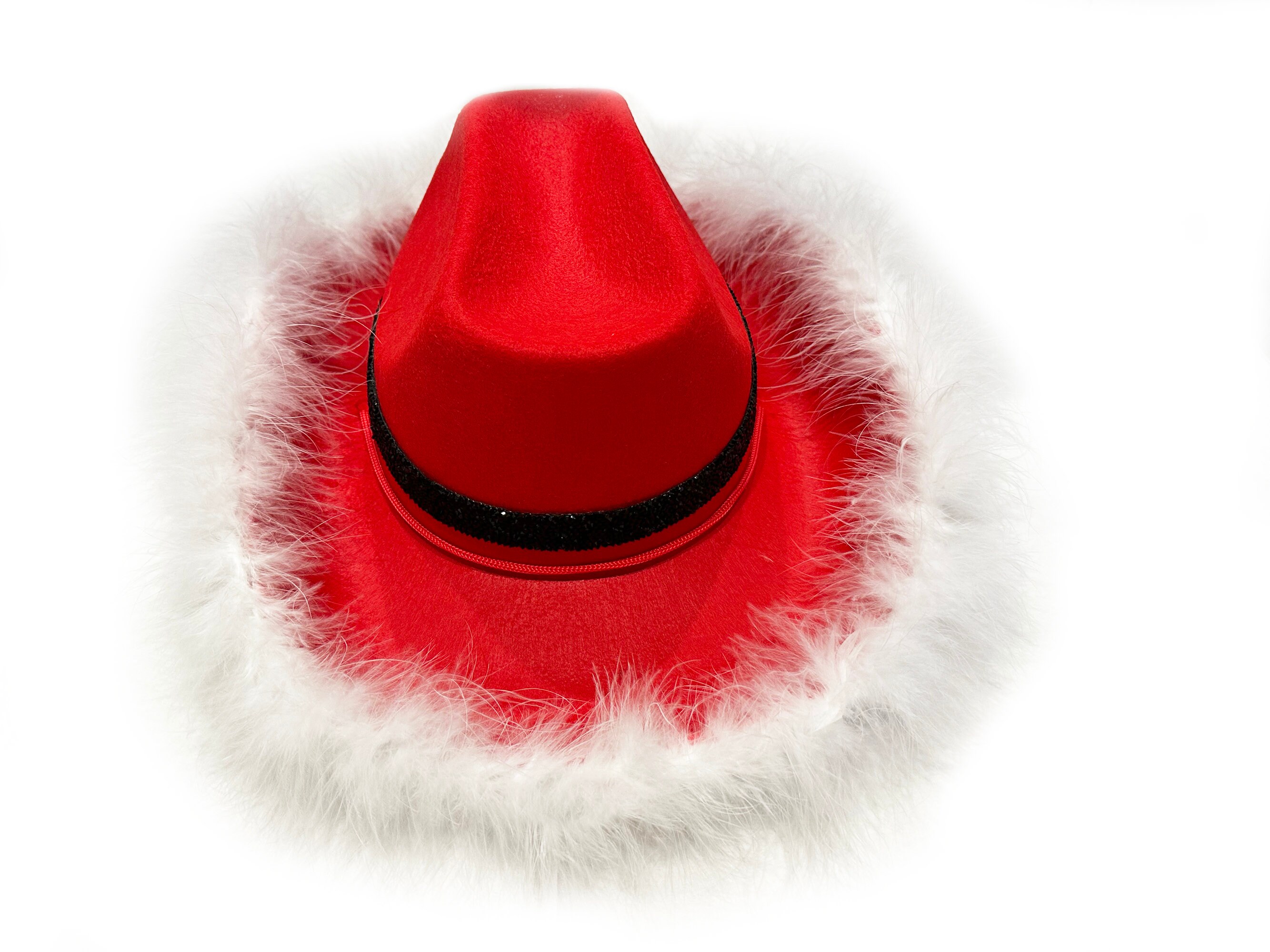 White Studded Cowboy Hat with Red and Green Ribbon- Christmas Styled Yirtree Light Up LED Red and White Santa Claus Christmas  main image 3
