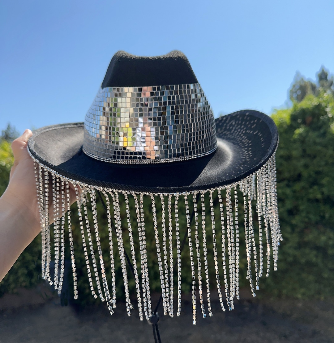 7988 Women Men Wide Brim Cowboy Hats With Rhinestone Buckle For Party Disco Disco Ball Cowboy Hat / Beyoncé Disco Hat With String  main image 4