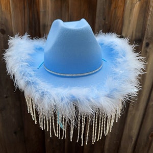 Blue Cowboy Hat with rhinestone,Diamond Fringe,Feather Boa,Cowgirl Hat,Nashville, Bachelorette Party,Birthday,Wedding, Bride Cowgirl Hat
