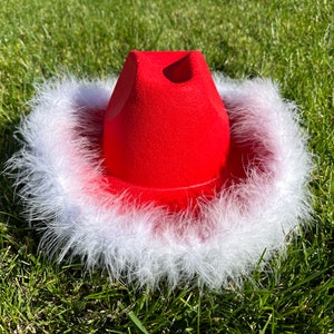 Custom Red Cowboy Hat with White feather Boa,Christmas Cowboy hat, Santa Hat,Red Cowboy Hat, Xmas Hat for New Year Festive Party,Cowgirl hat