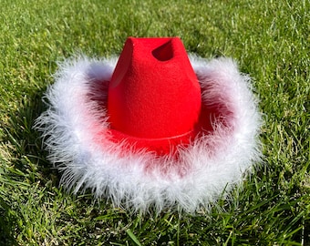 Custom Red Cowboy Hat with White feather Boa,Christmas Cowboy hat, Santa Hat,Red Cowboy Hat, Xmas Hat for New Year Festive Party,Cowgirl hat