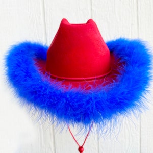 Red Cowboy Hat with Blue Feather Boa, Western Hat, Bachelorette, Felt Hat, Rodeo Party,Christmas Cowboy Hat, Nashville Concert Hat