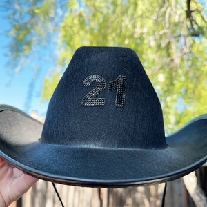 Black Cowboy hat with Rhinestone Letters,21st birthday cowgirl Hat, Bridal shower hat, cowboy wedding, western Hat