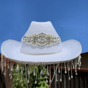 Cowboy Hat with Rhinestone Fringe,Black Cowboy hat, White Cowgirl Hat,Wedding, Bride Cowgirl Hat,Bachelorette Party,Nashville, Concert