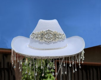 Cowboy Hat with Rhinestone Fringe,Black Cowboy hat, White Cowgirl Hat,Wedding, Bride Cowgirl Hat,Bachelorette Party,Nashville, Concert