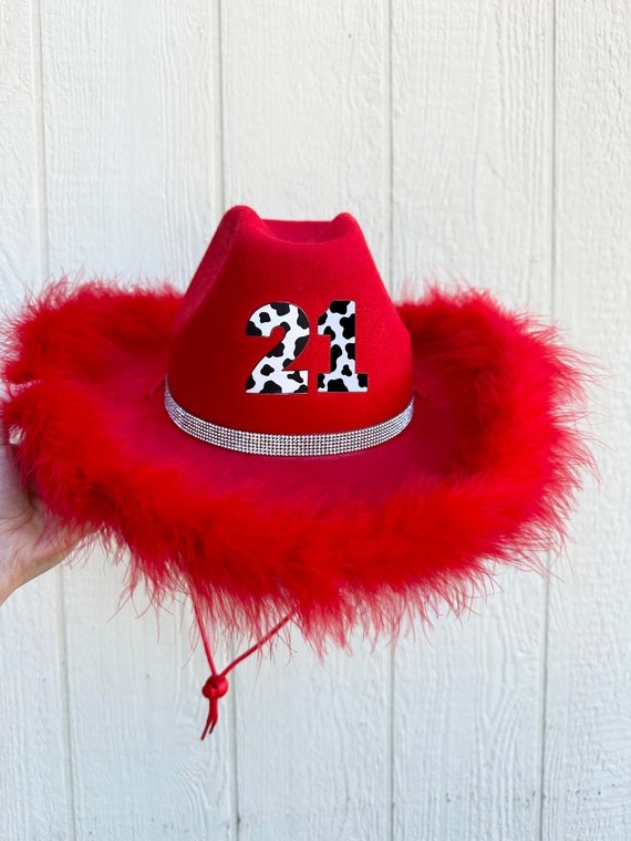 Red Cowboy Hat With Feather Boa, Cow Print Numbers Western  display picture 1