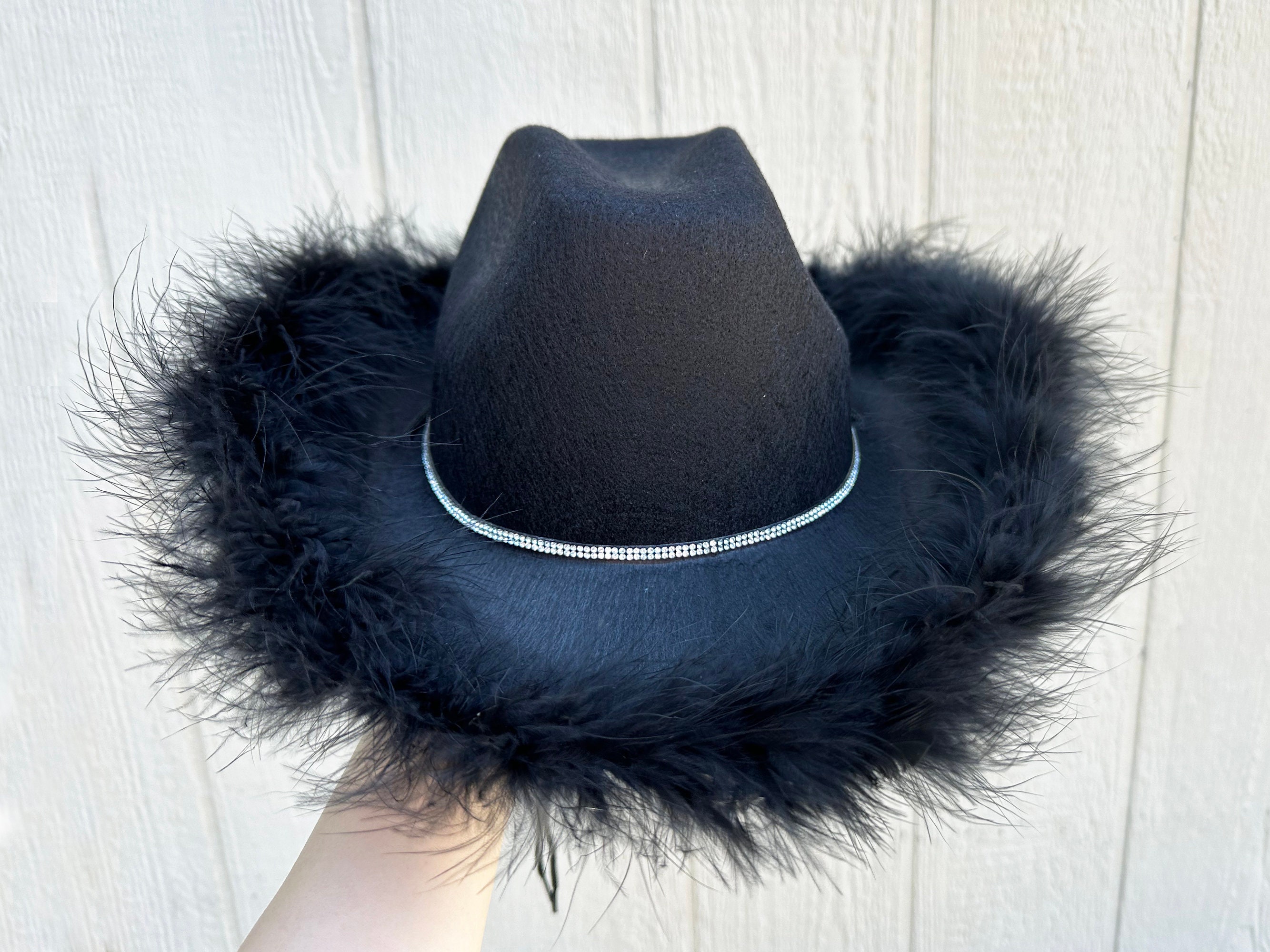 White Cowboy Hat With Pink Feather Boa & Rhinestone Hat Band 