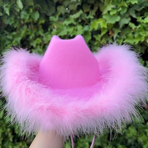 Pink Cowboy Hat with Feather, Pink cowgirl hat,Country Western Bachelorette Gifts, Felt Wide Brim Hat, Bride Hat, Wedding, Rodeo Party