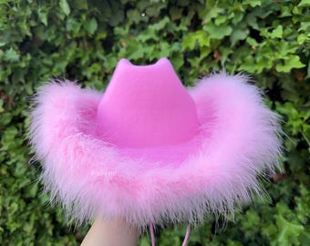 Pink Cowboy Hat with Feather, Pink cowgirl hat,Country Western Bachelorette Gifts, Felt Wide Brim Hat, Bride Hat, Wedding, Rodeo Party