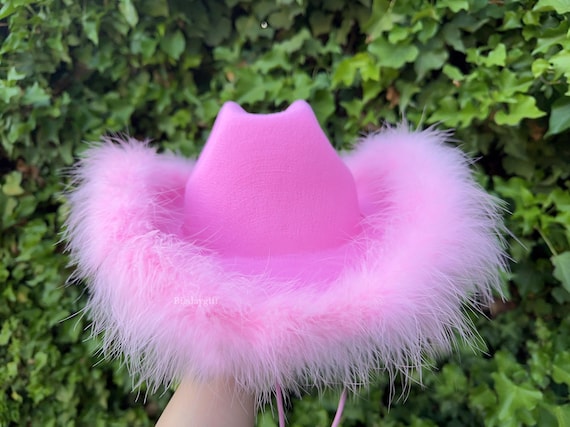 Pink Cowboy Hat with Feather, Pink cowgirl hat,Country Western Bachelorette  Gifts, Felt Wide Brim Hat, Bride Hat, Wedding, Rodeo Party