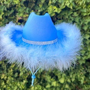 Light Blue Cowboy Hat with rhinestone Boa,Cowgirl Hat,Nashville, Bachelorette Party,Birthday,Wedding, Bride Cowgirl Hat DIY
