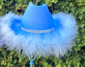 Light Blue Cowgirl Hat with Rhinestone and Boa, Nashville Party Hat