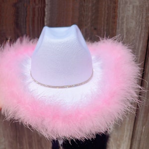 White Cowboy Hat with Pink Feather Boa & Rhinestone Hat Band, Purple cowgirl hat,Country Western Hat, Felt Wide Brim Hat