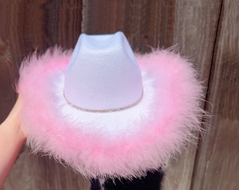 6596 Women Furry Trim Cowgirl Hat Western Retro Wide Brim Pink Rave Cowboy Light Pink Western Cowboy, Cowgirl Hat, Bull Strap, Women  main image 2
