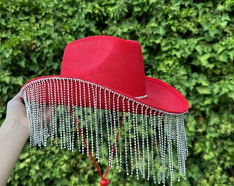 Red Rhinestone Fringe Cowboy Hat, Rhinestone Cowgirl Hat  display picture 2