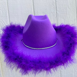 Purple Cowboy Hat with Feather Boa & Rhinestone Hat Band, Purple cowgirl hat,Country Western Hat, Felt Wide Brim Ha, Halloween Party