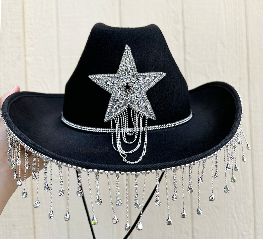 3973 Western Sparkly Star Cowboy Hat For Women Men, Black Felt-fedora Sparkling Star Western Hat by Conner --> Shop Hats, Beanies  main image 2