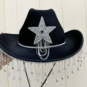 Super Star Cowboy Hat with Rhinestone Fringe,Black Cowboy hat, Wedding, Bride Cowgirl Hat,Bachelorette Party,Nashville, Concert