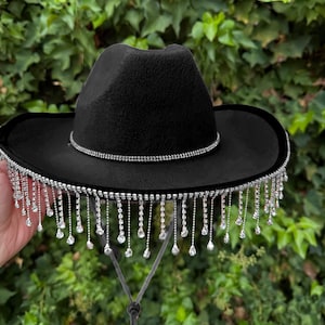 Black Bride Hat, Bridal shower hat, cowboy wedding, Black bride hat with Diamond Fringe Cowboy Hat ,western wedding,Nash Bash,Nashville