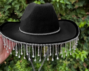 Black Bride Hat, Bridal shower hat, cowboy wedding, Black bride hat with Diamond Fringe Cowboy Hat ,western wedding,Nash Bash,Nashville