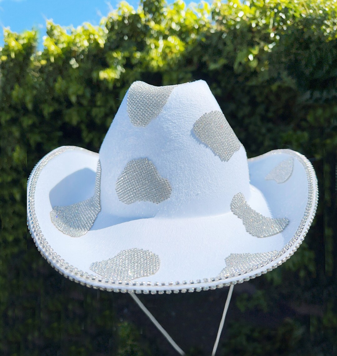 Cowprint Cowboy Hat Rhinestone,bachelorette Bride Hat,white Rhinestone ...