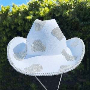 Cowprint cowboy hat Rhinestone,Bachelorette Bride Hat,White Rhinestone Cowboy / Cow print cowgirl hat, Nashvalle