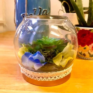 Green and Blue Artificial Succulent and Flower Glass Terrarium Perfect for Spring Decor and Mother&#39;s Day