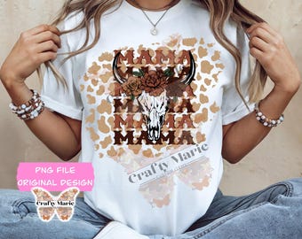 Western Mama Skull PNG: Cow Print Floral Design (Digital Download)
