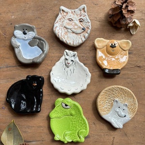 Cute animal dishes- wolf, sloth, black bear, moose, hedgehog, frog, llama. These functional ceramic dishes are spoon rests, tea bag holders